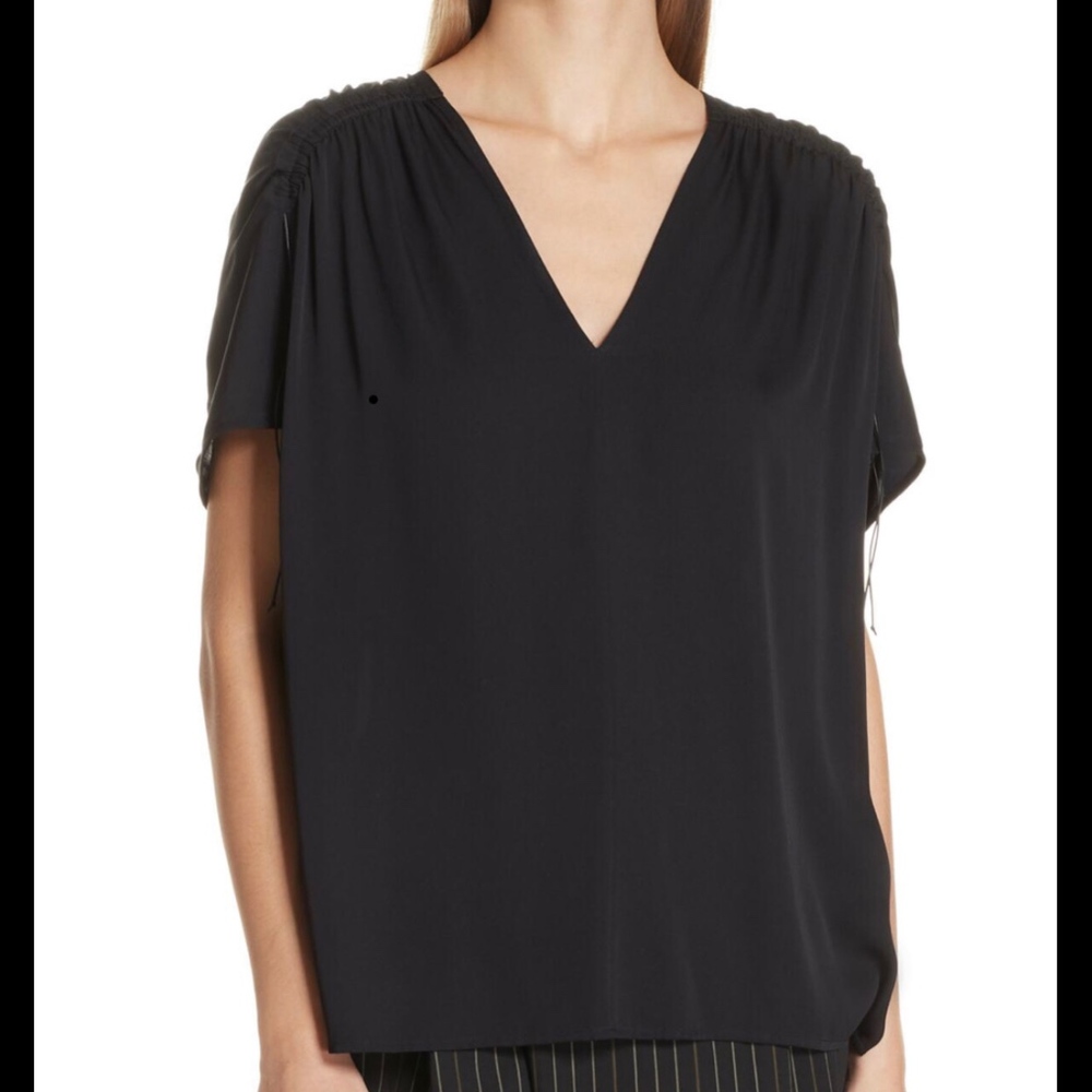 VINCE Ruched Shoulder Stretch Silk Blouse